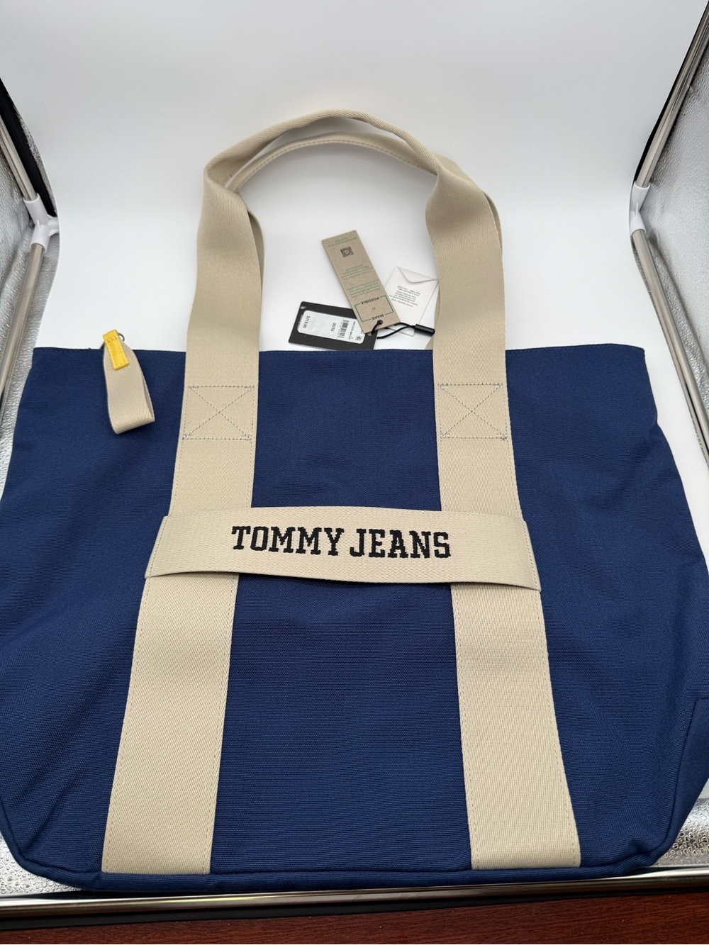 Unisex Tommy Hilfiger Navy Canvas Tote with Beige Straps